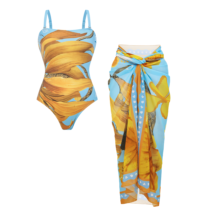 Bandeau Chrysanthemum Print Swimsuit Set(s)