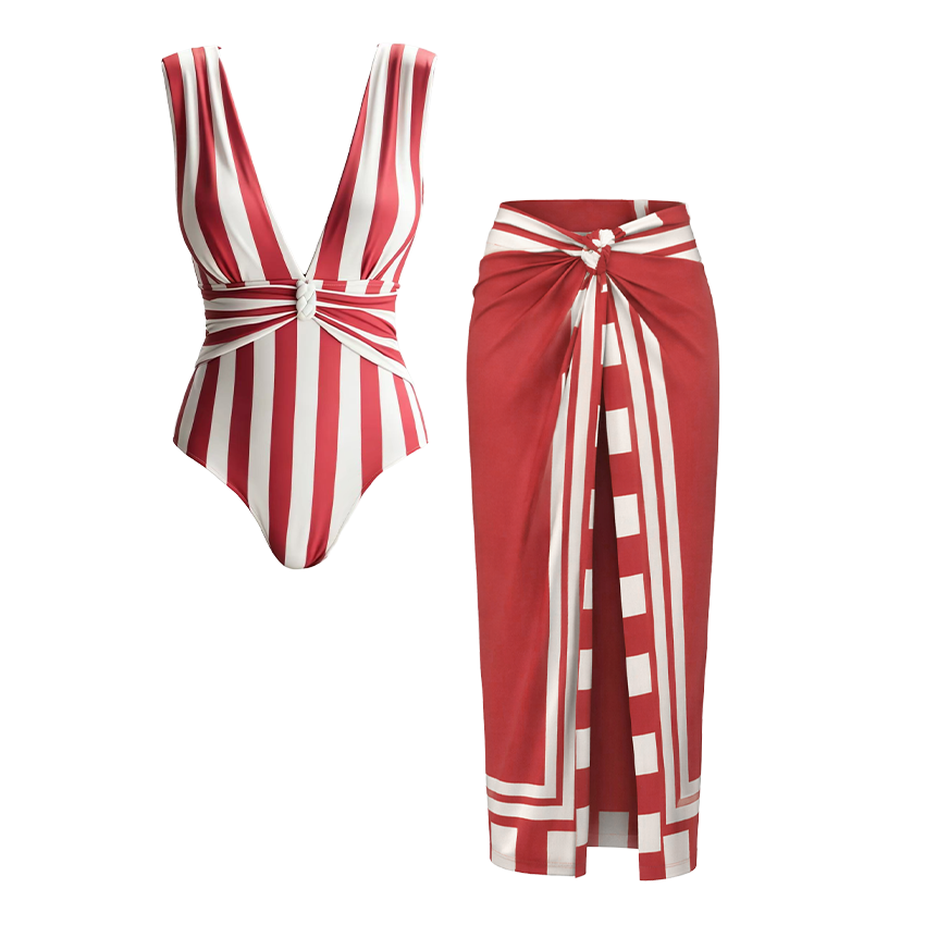 V Neck Striped Print Swimsuit Set(s)