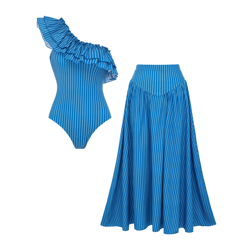 One Shoulder Ruffle Striped Print Swimsuit Set(s)