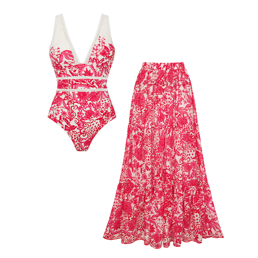 V Neck Lace Printed Swimsuit Set(s)