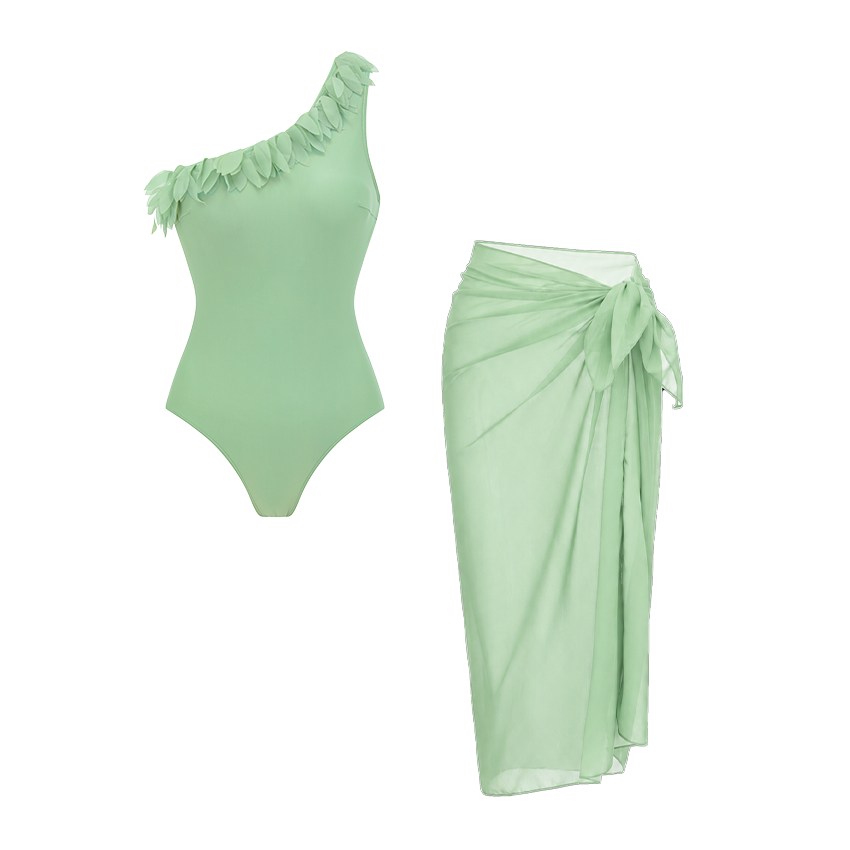 Oblique Shoulder 3D Petals Solid Color Swimsuit Set(s)