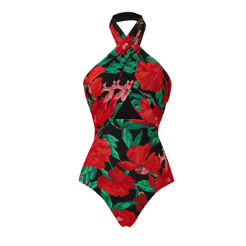 V Neck Tie Shoulder Lily Print Swimsuit Set(s)
