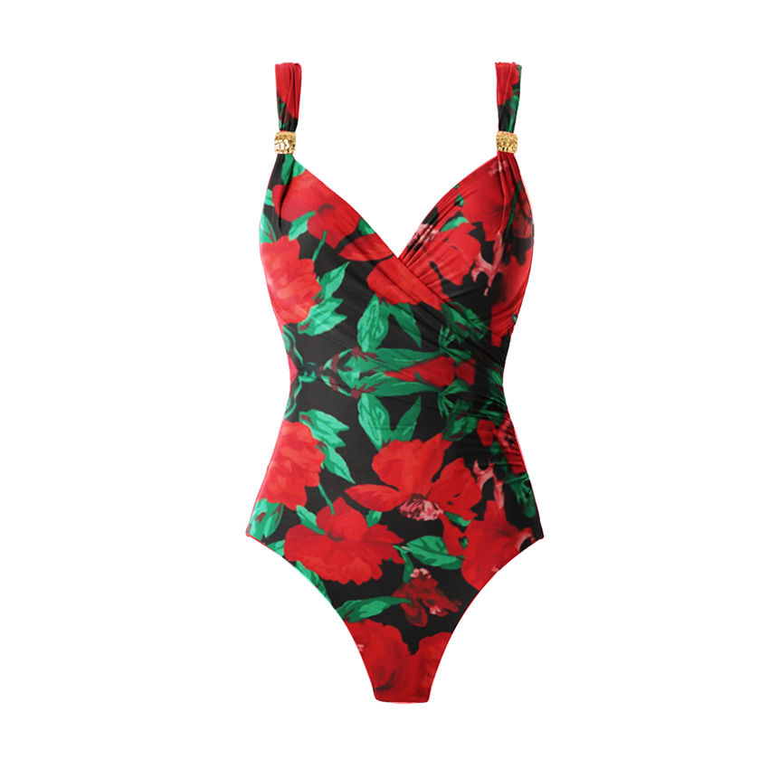 V Neck Tie Shoulder Lily Print Swimsuit Set(s)