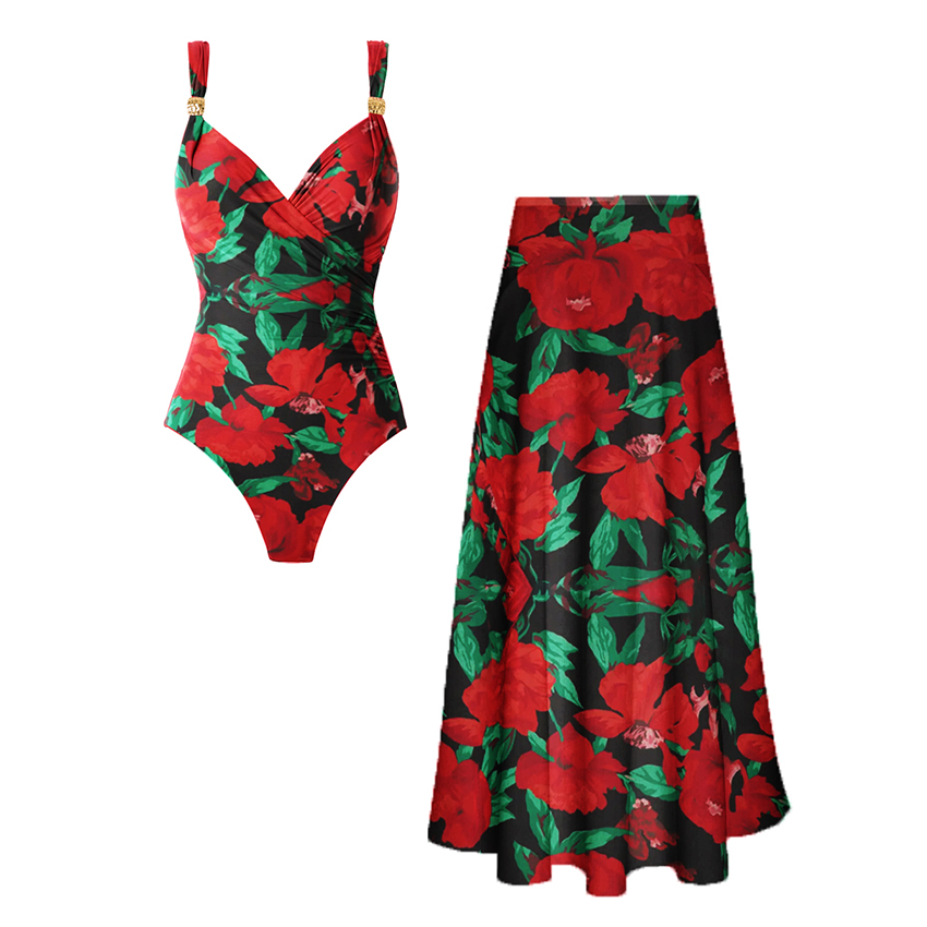 V Neck Tie Shoulder Lily Print Swimsuit Set(s)