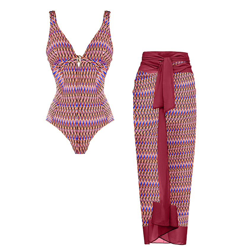 V Neck Line Print Purple Swimsuit Set(s)