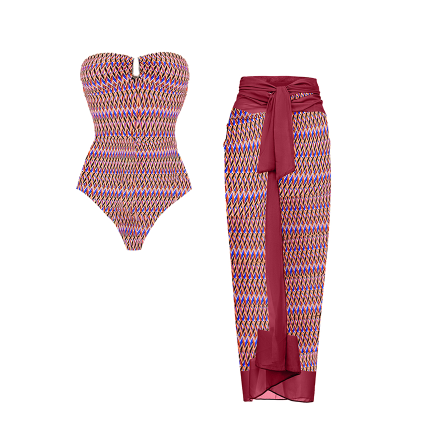 Bandeau Line Print Purple Swimsuit Set(s)