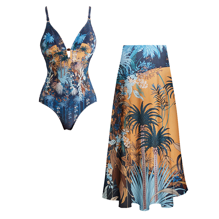V Neck Scenery Under Moonlight Print Swimsuit Set(s)