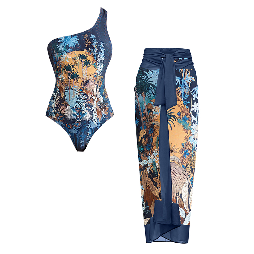 One Shoulder Cut Out Blue Swimsuit Set(s)