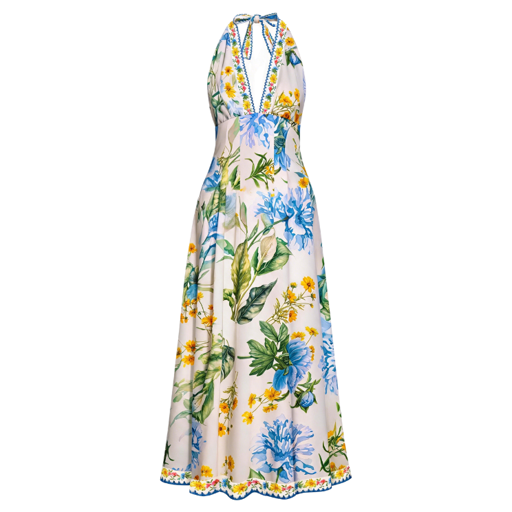 Blue Yellow Floral Halter V-Neck Tiered Maxi Dress