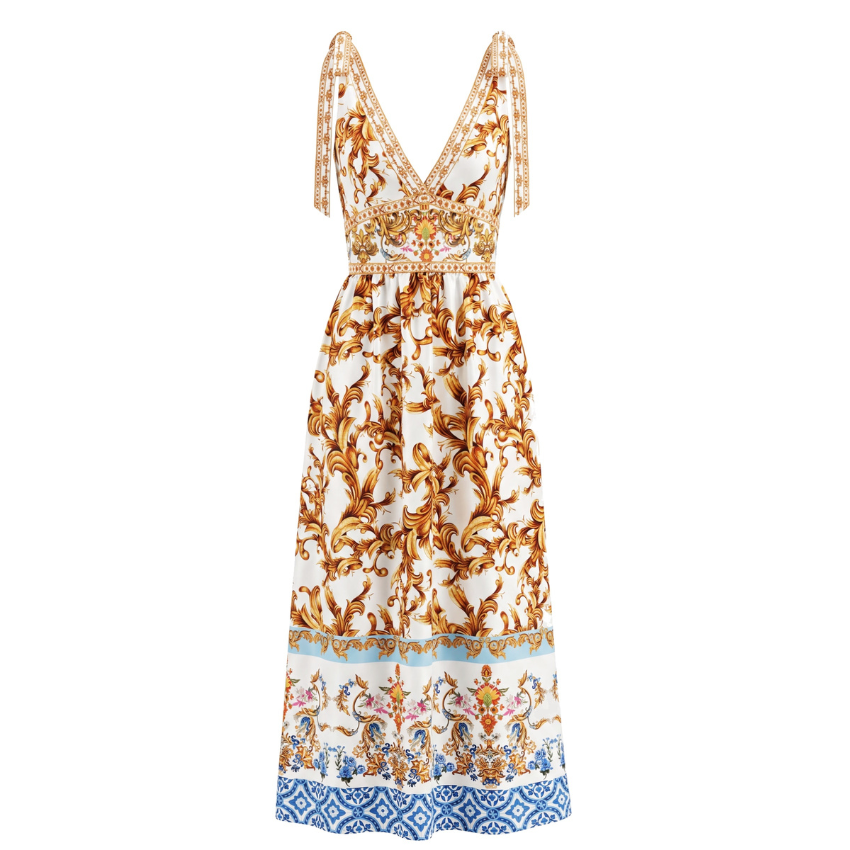 Gold Baroque-print lace-up V-neck maxi dress
