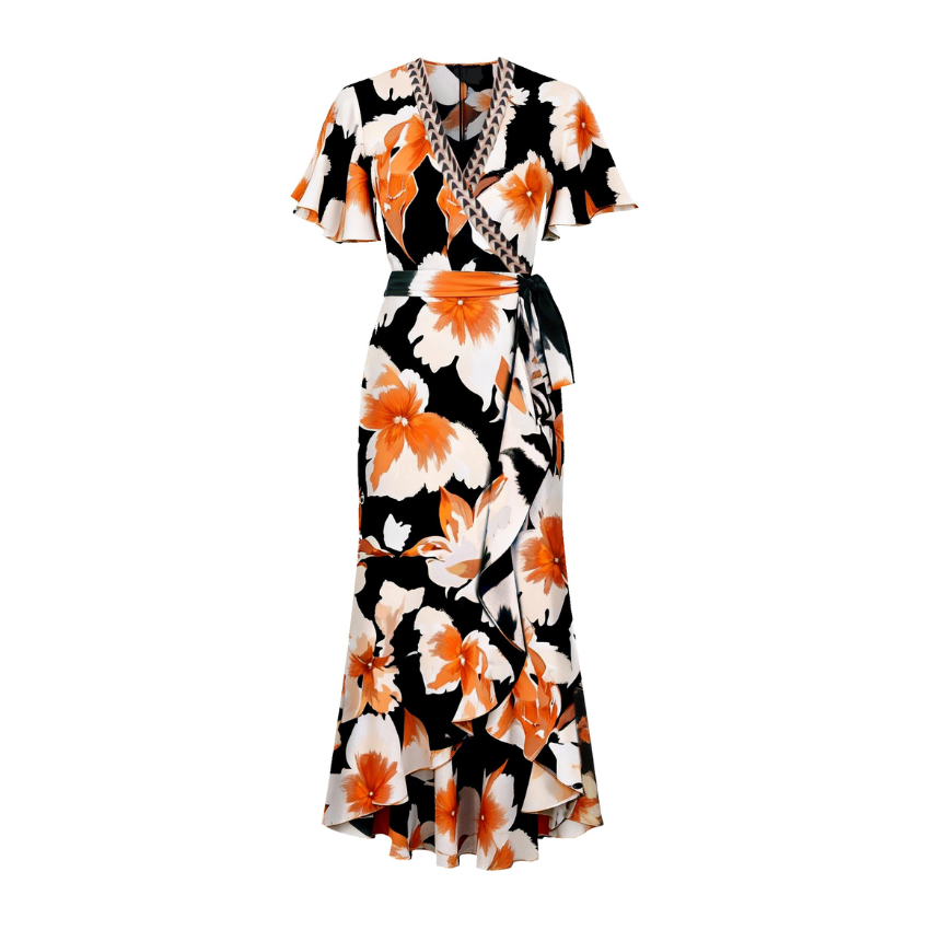 Orange Floral Print Flutter Sleeve Belted Wrap Ruffle Midi Dress