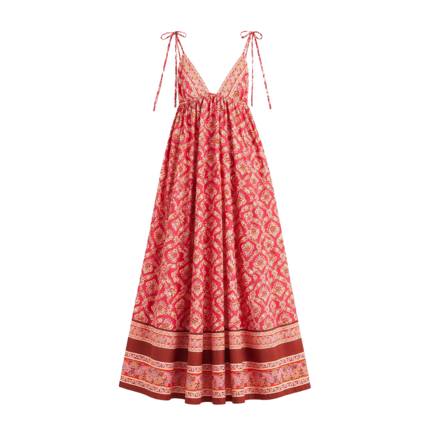 Red Ethnic Geometric Tie-Strap Flowy Maxi Dress