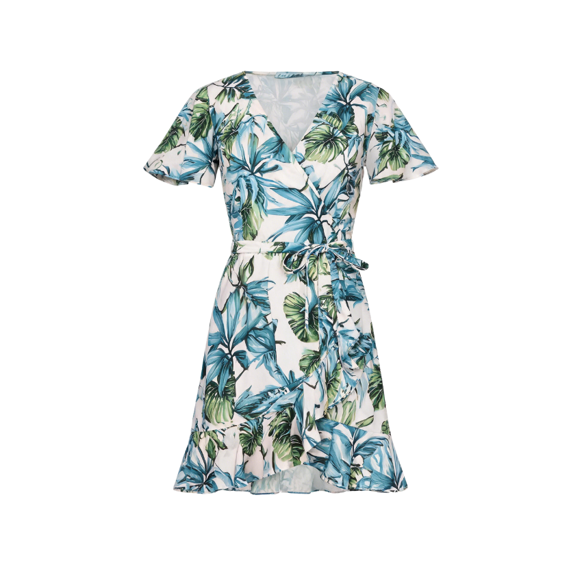 Tropical Leaf Print Short Sleeve Wrap Mini Dress