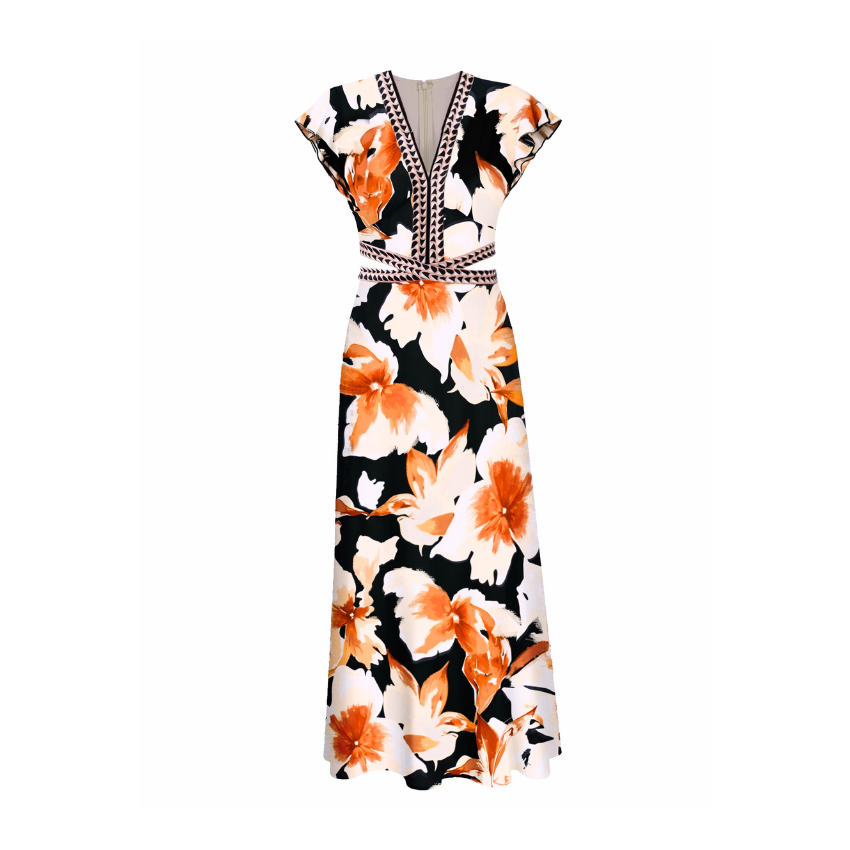 Vintage Orange Floral Print Ruffle Sleeve V-Neck Midi Dress