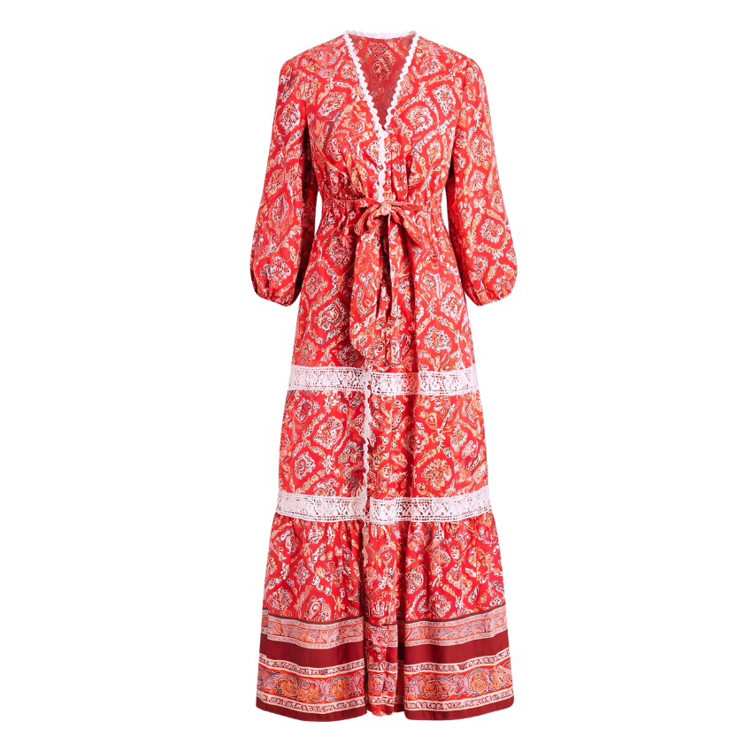 Red Ethnic Geometric Lace Trim Bubble Sleeve Maxi Dress