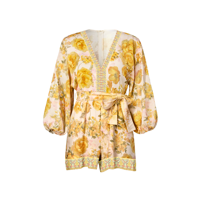 Yellow Rose Floral Puff Sleeve V-Neck Rompe