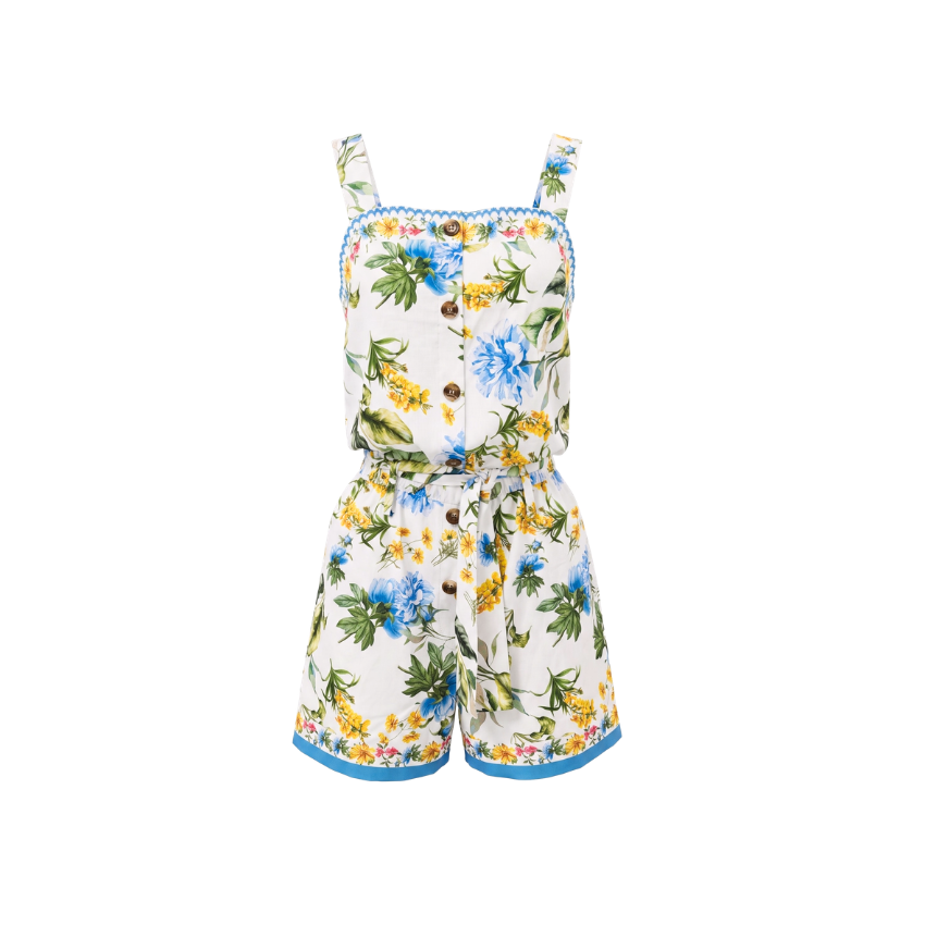 Blue Yellow Floral Square Strap Tie Waist Romper