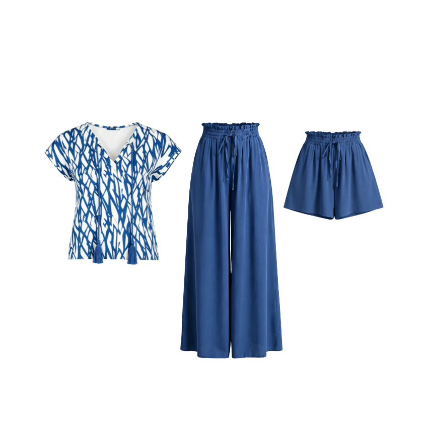 Solid Blue Drawstring Pants & Shorts Set