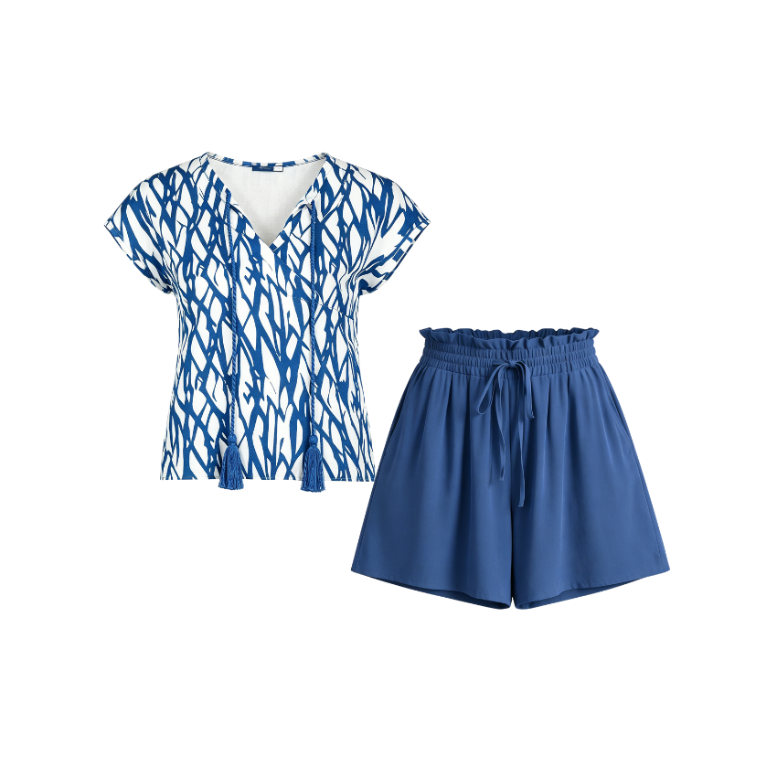 Solid Blue Drawstring Pants & Shorts Set