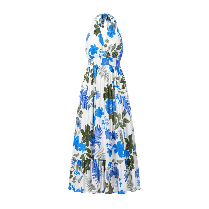 Navy Porcelain Print Halter Tiered Maxi Dress