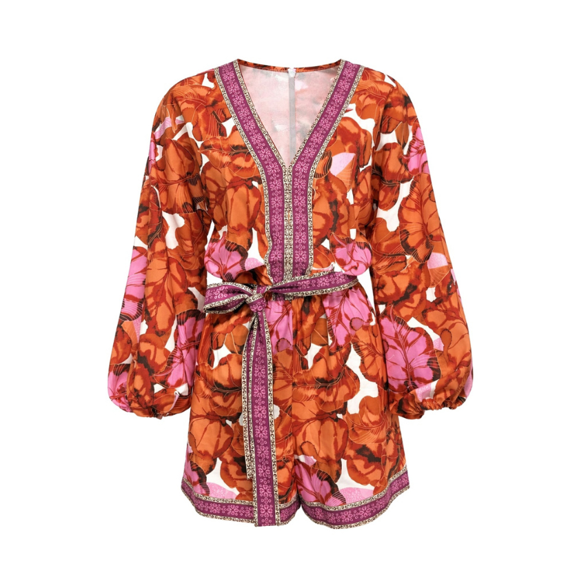 Orange Floral Balloon Sleeve Wrap Romper