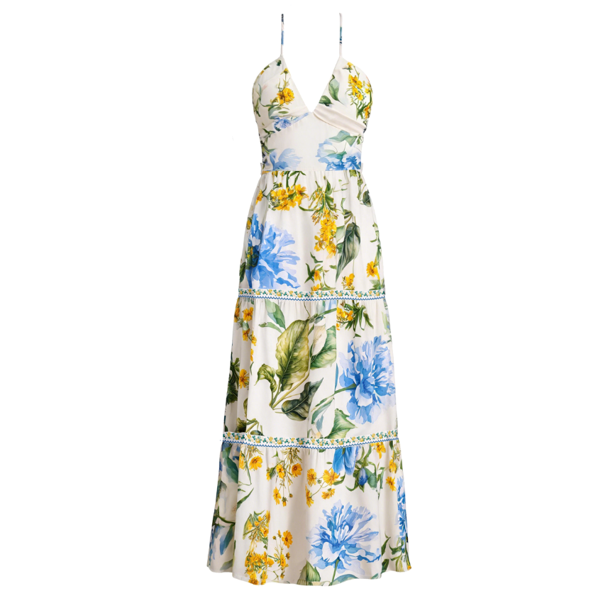 Blue Yellow Floral Thin Strap V-Neck Tiered Maxi Dress