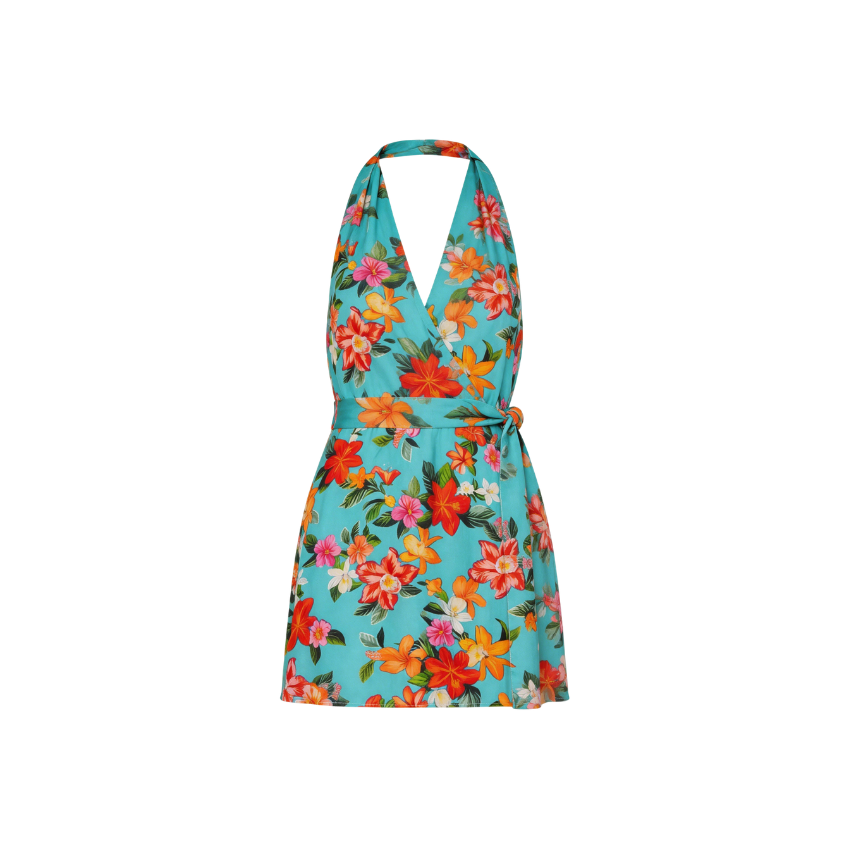 Turquoise Floral Halter Wrap Mini Dress