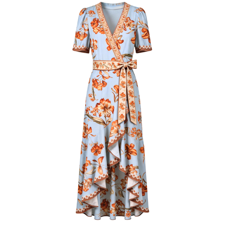 Light Blue Orange Floral Trim Wrap Asymmetrical Midi Dress