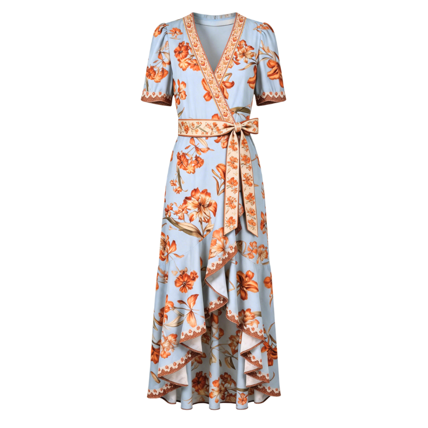 Light Blue Orange Floral Trim Wrap Asymmetrical Midi Dress