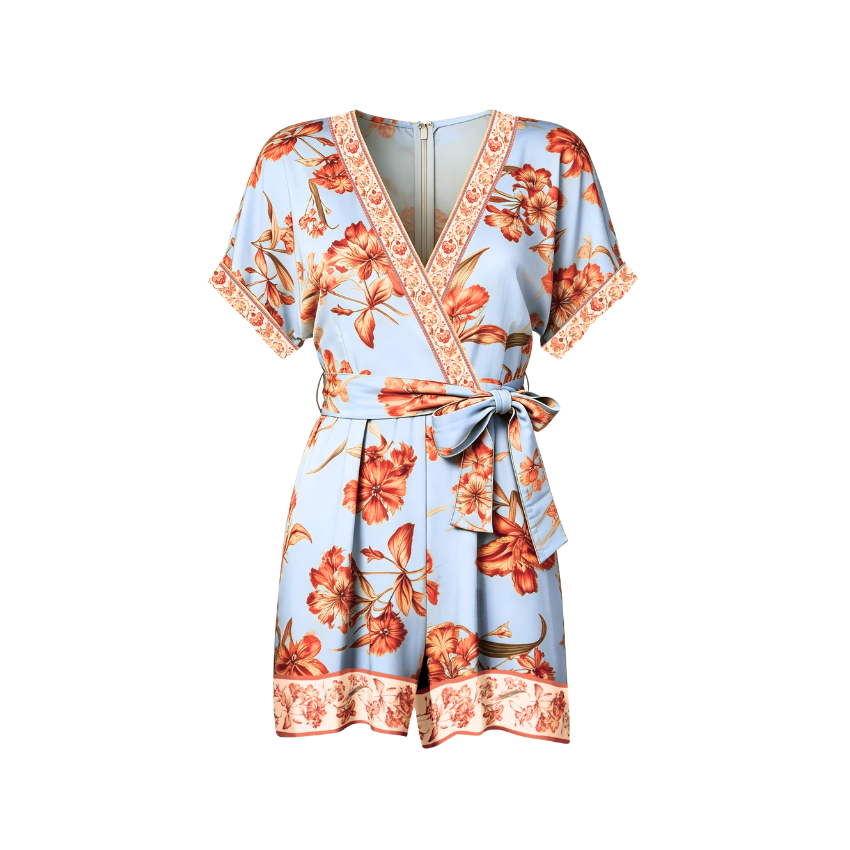 Light Blue Orange Floral Trim Wrap Short Sleeve Romper