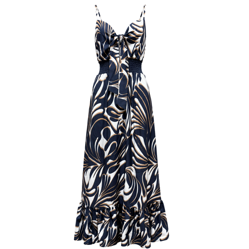 Blue Swirl Print Tie-Front Tiered Maxi Dress