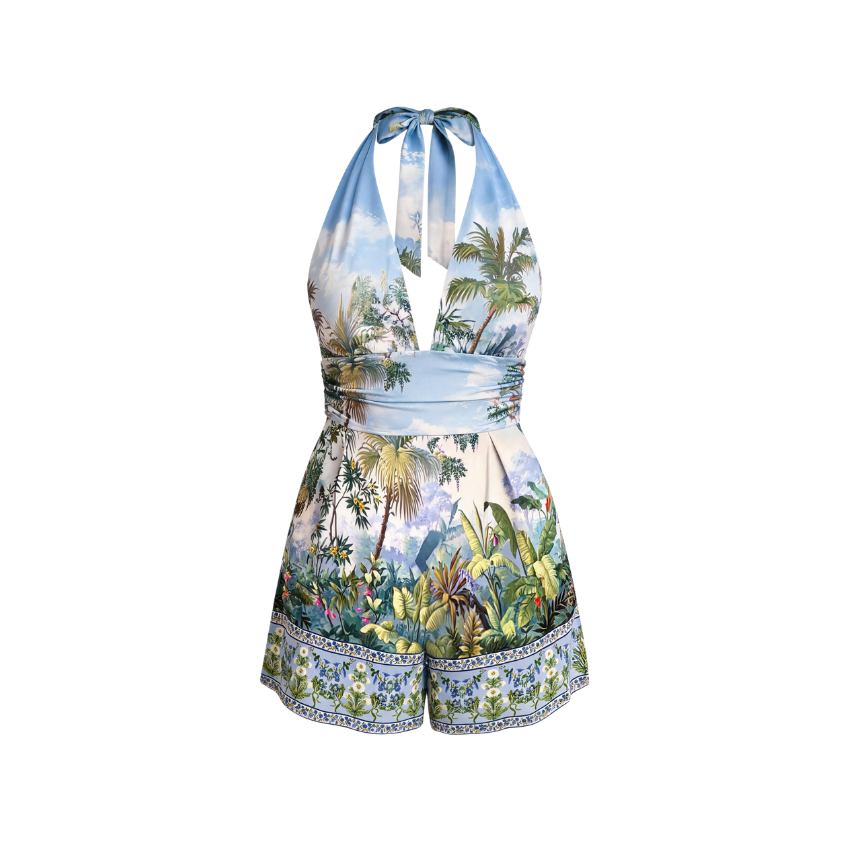 Tropical Jungle Print Halter V-Neck Romper