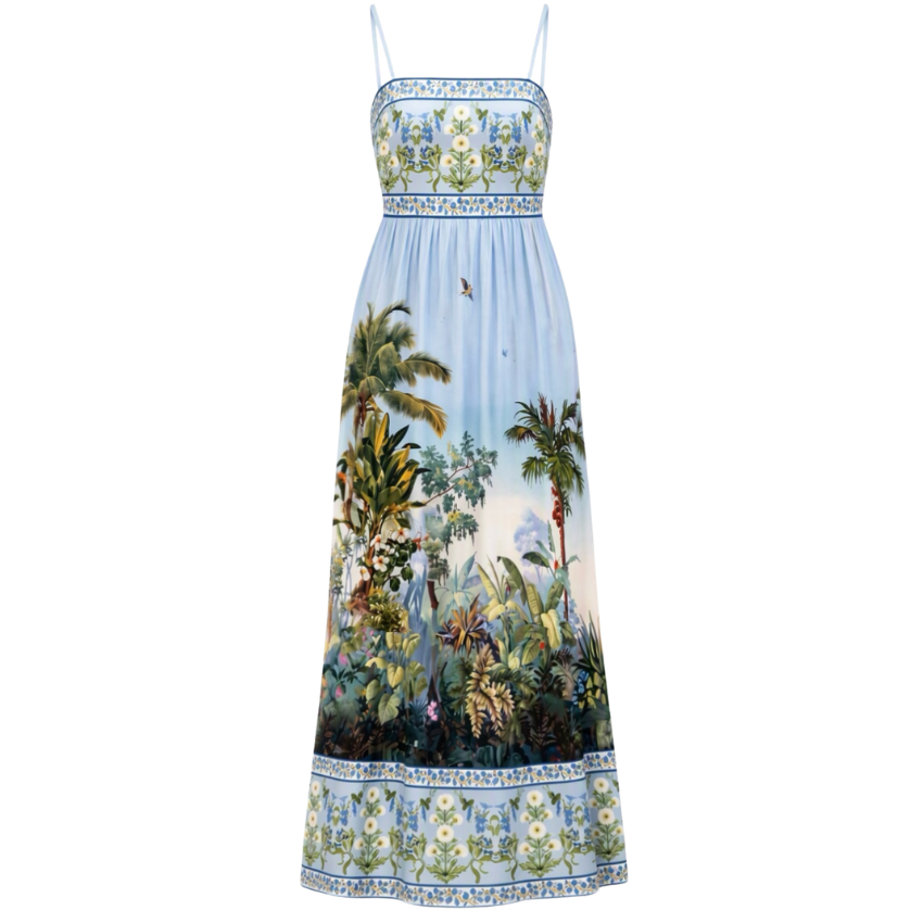 Tropical Jungle Print Square Neck Slip Maxi Dress