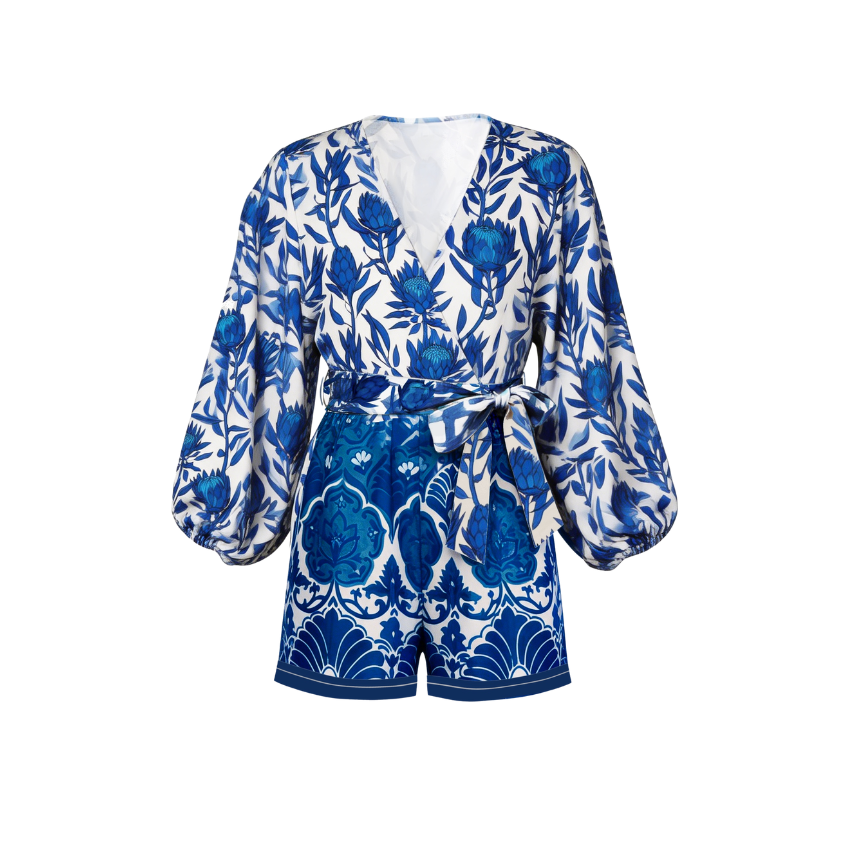 Blue Block Print Balloon Sleeve Wrap Romper