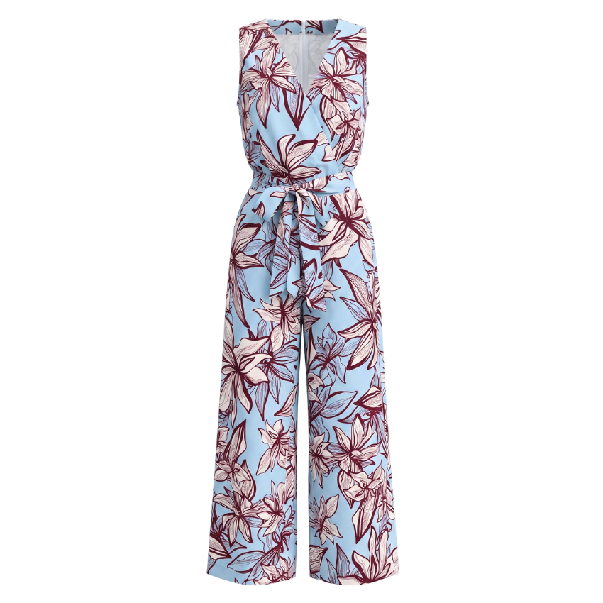 Light Blue Floral Print V-Neck Wrap Jumpsuit