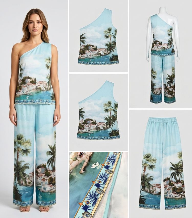 Coastal Town Print One-Shoulder Pant Set