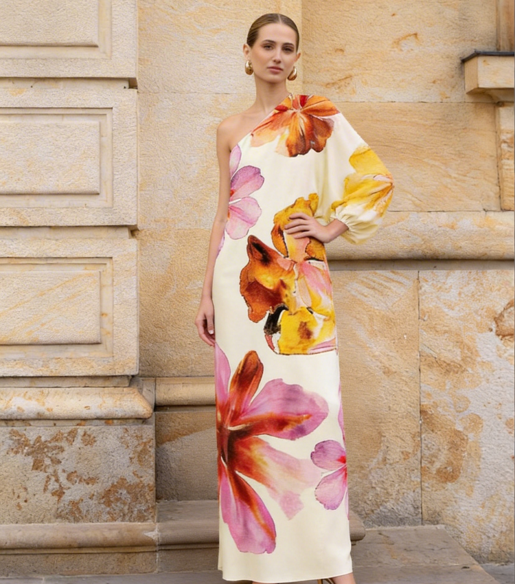 One-Shoulder Watercolor Floral Dress