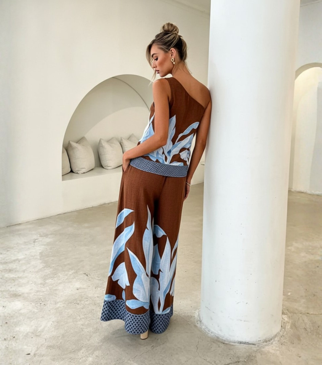 Brown Base Blue Leaf One-Shoulder Pant Set