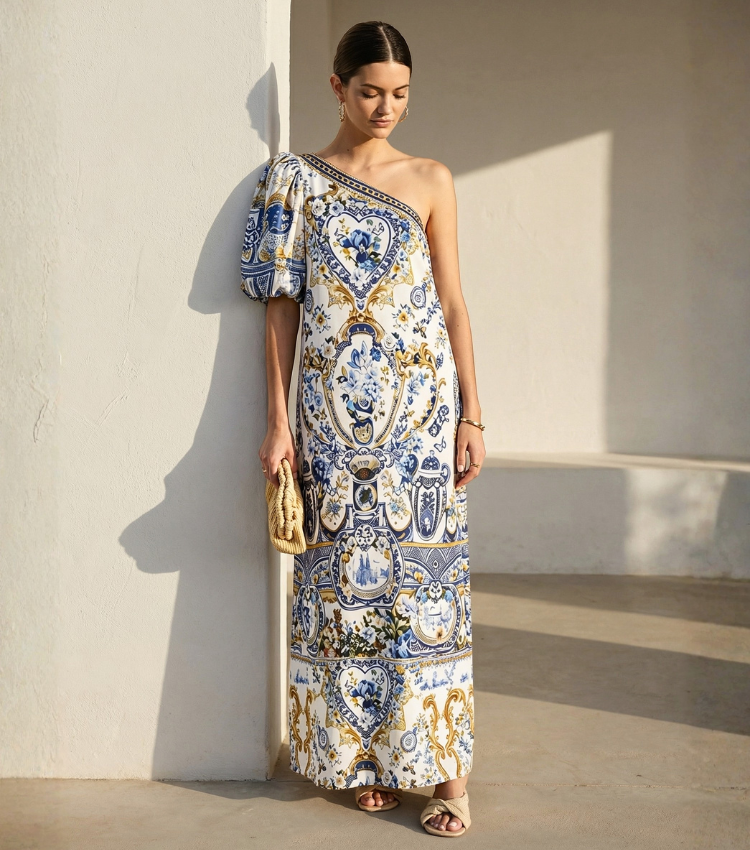 Baroque One-Shoulder Maxi Dresss