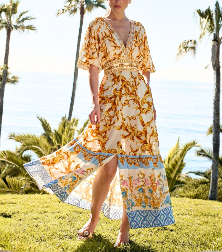 Golden Baroque Print Short Sleeve V-Neck Maxi Dress