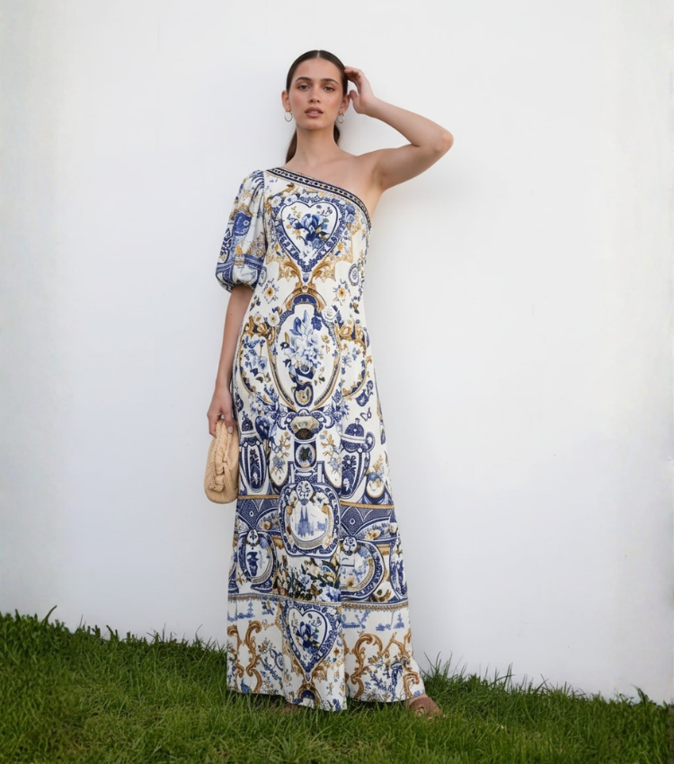 Baroque One-Shoulder Maxi Dresss