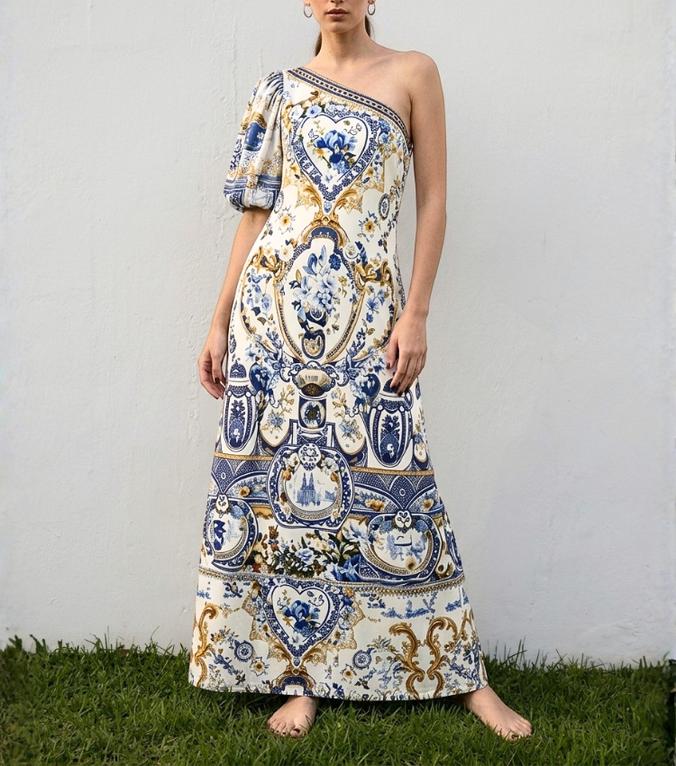 Baroque One-Shoulder Maxi Dresss