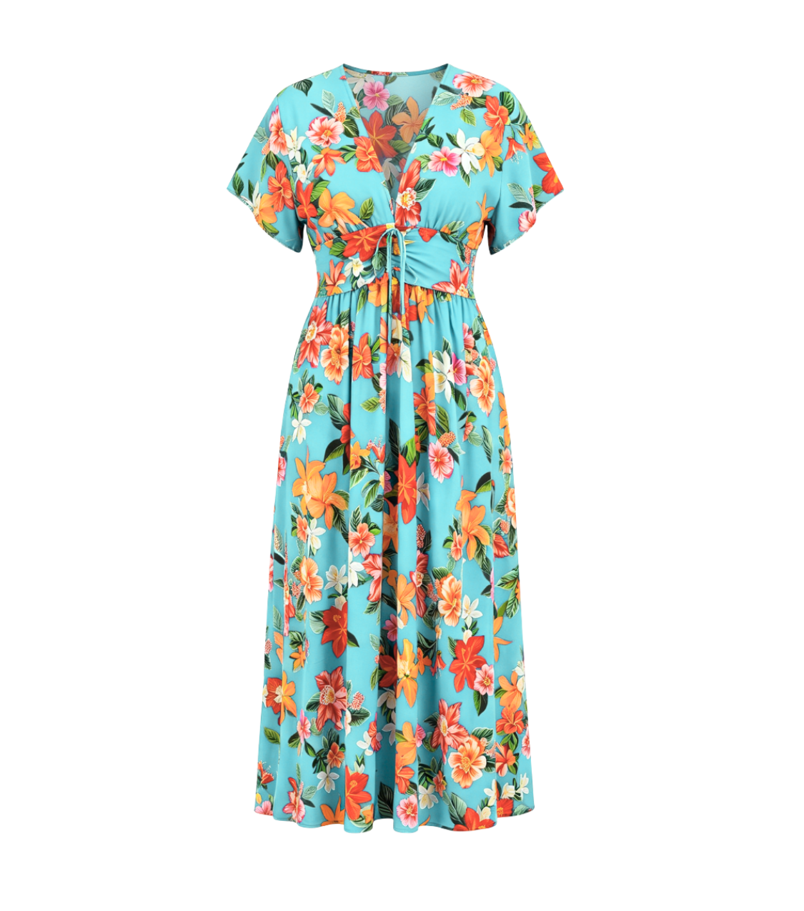 Turquoise Floral Short Sleeve Wrap Midi Dress
