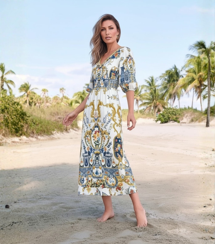 Baroque Floral Porcelain V-Neck Dress