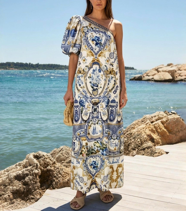 Baroque One-Shoulder Maxi Dresss