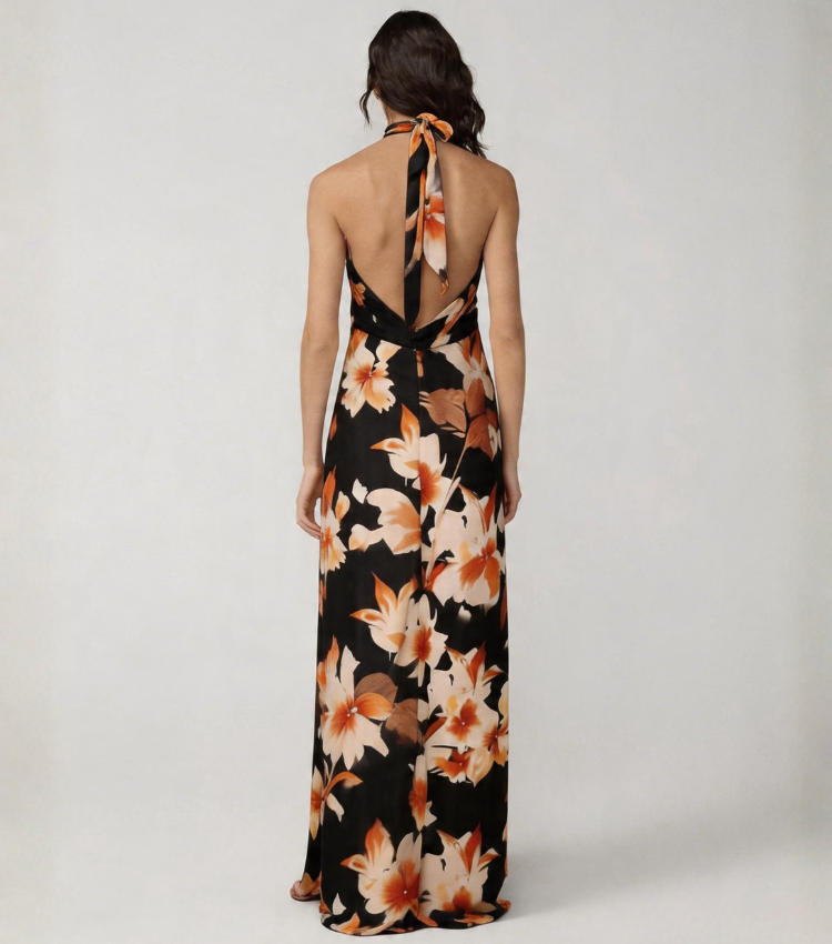 Orange Floral Print Halter Neck Maxi Dress
