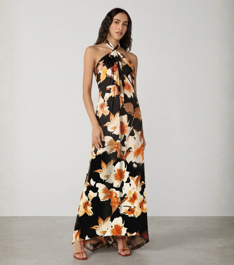 Orange Floral Print Halter Neck Maxi Dress