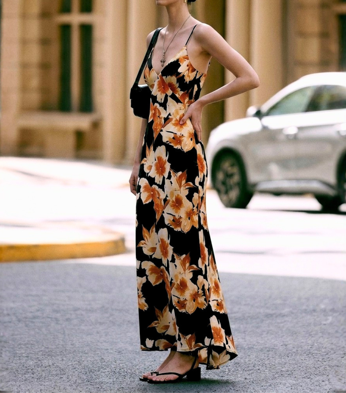 Orange Floral Print V-Neck Spaghetti Strap Wrap Maxi Dress