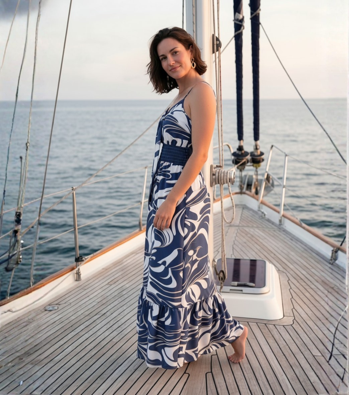 Blue Swirl Print Tie-Front Tiered Maxi Dress