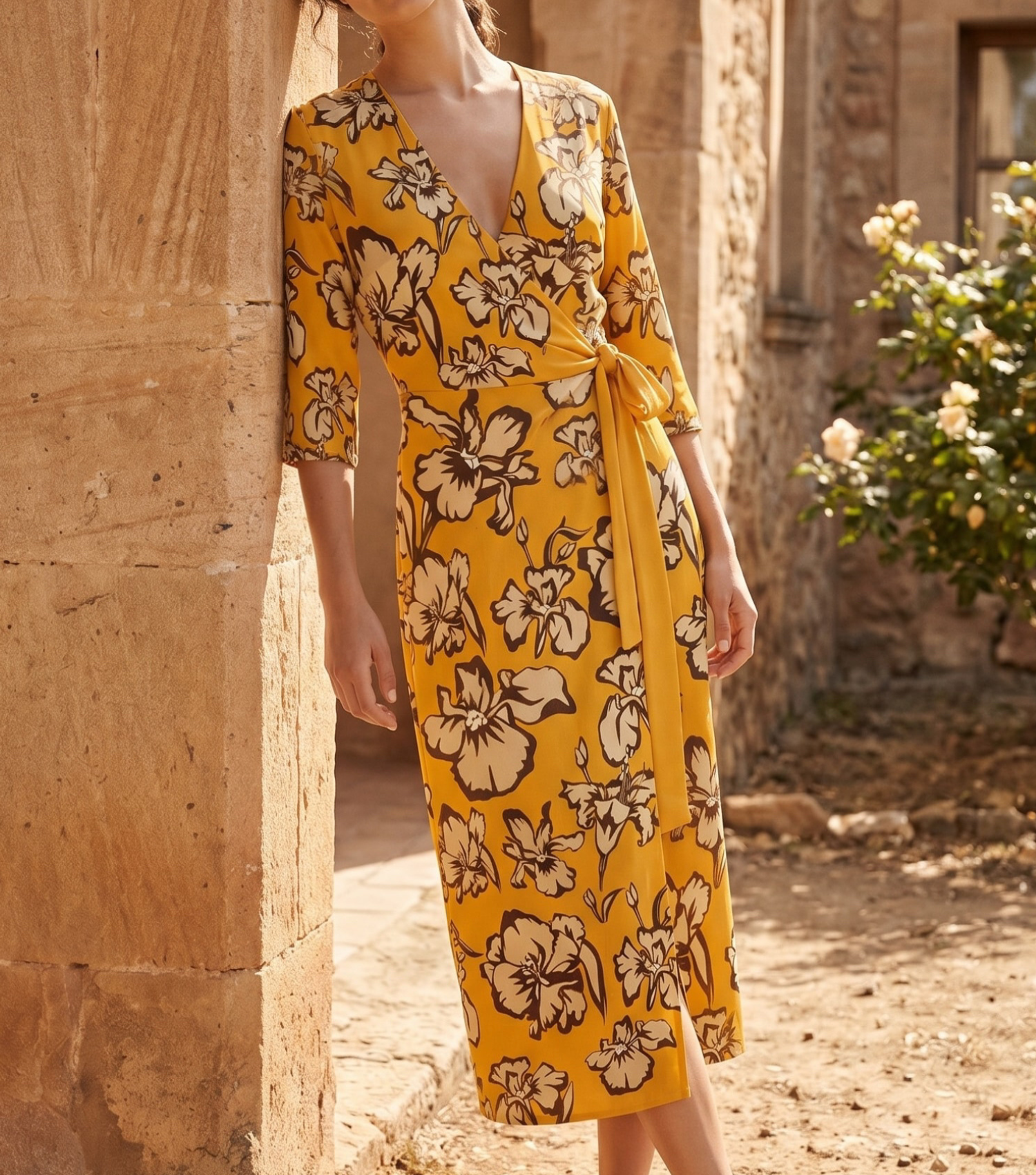 Yellow Floral Wrap Midi Dress